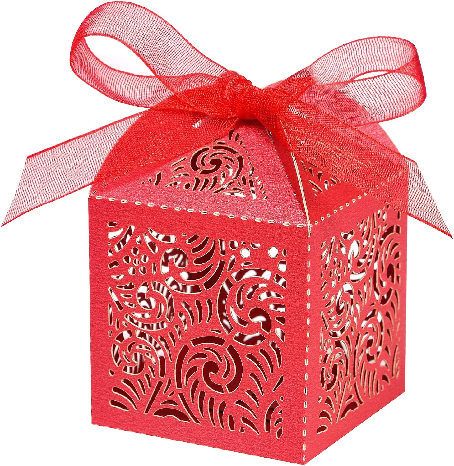 Custom Festive Red Laser-Cut Favor Box with Sheer Organza Ribbon Custom Festive Red Laser-Cut Favor Box with Sheer Organza Ribbon