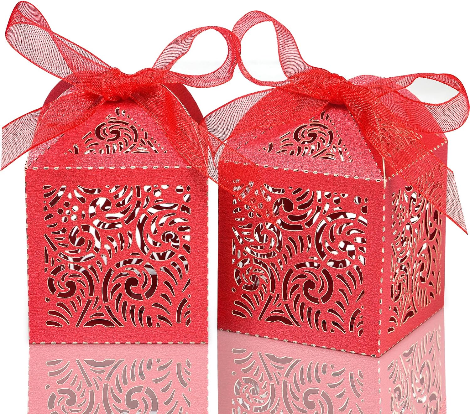 Custom Festive Red Laser-Cut Favor Box with Sheer Organza Ribbon Custom Festive Red Laser-Cut Favor Box with Sheer Organza Ribbon
